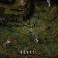 Postacie w mrocznym crpg co to za świat? Drużyna przemierza zniszczony, zielony teren.