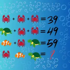 Rysunek z równaniami matematycznymi z krabami, żółwiami i rybami.