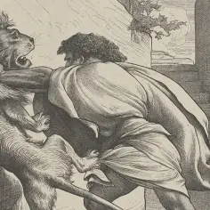 Samson, z dziką furią, rozrywa paszczę lwa gołymi rękami.