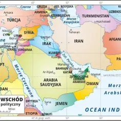 Mapa polityczna Bliskiego Wschodu z zaznaczonymi krajami jak Turcja, Syria, Irak, Arabia Saudyjska, Iran, Egipt i inne.