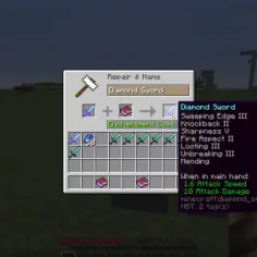 Jak się robi enchant: na stole do zaklinania umieszczasz diamentowy miecz i księgę zaklęć, by uzyskać potężniejszą broń.