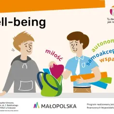 Dwóch chłopców dzieli się sercem i książkami. Hasła: "miłość", "autonomia", "samoakceptacja", "wsparcie" to nazwy mieszkańców państw, które budują dobrostan.