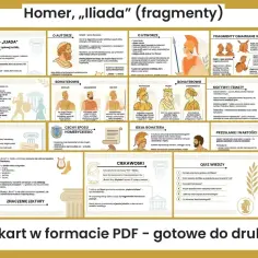 Ilustracja przedstawia kluczowe **cechy eposu** "Iliada" Homera: bohaterów, motywy, styl i przesłanie.