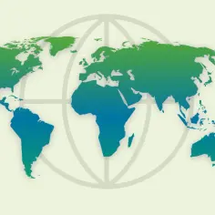 Mapa świata z kontynentami w odcieniach zieleni i błękitu, symbolizująca globalną sieć, gdzie każdy kraj, nawet najmłodszy kraj na świecie, ma swoje miejsce.