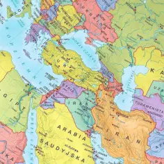 Mapa polityczna obejmująca państwa w Azji, Bliskiego Wschodu i północno-wschodniej Afryki. Widoczne m.in. Turcja, Syria, Irak, Iran, Arabia Saudyjska, Egipt.