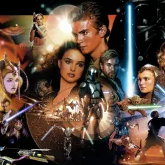 Plakat z Gwiezdnych Wojen: prequel co to? Widzimy tu Qui-Gon Jinna, młodego Anakina, Padmé, Obi-Wana, Yodę i Dartha Vadera.