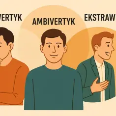 Introwertyk zamyślony, ambiwersytyk uśmiechnięty, ekstrawertyk w rozmowie. Różne typy osobowości.