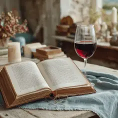 Otwarta księga i kielich czerwonego wina na drewnianym stole. Wino i prawda, in vino veritas, towarzyszą lekturze.