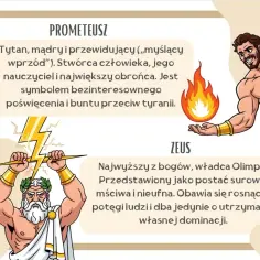 Mit o Prometeuszu: Tytan z ogniem w dłoni, symbol buntu i poświęcenia. Obok Zeus z piorunami, władca Olimpu.