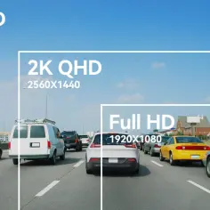 Porównanie jakości obrazu: 4K UHD, 2K QHD i Full HD na tle ruchu ulicznego. Widok z kamery samochodowej w **2k rozdzielczość**.