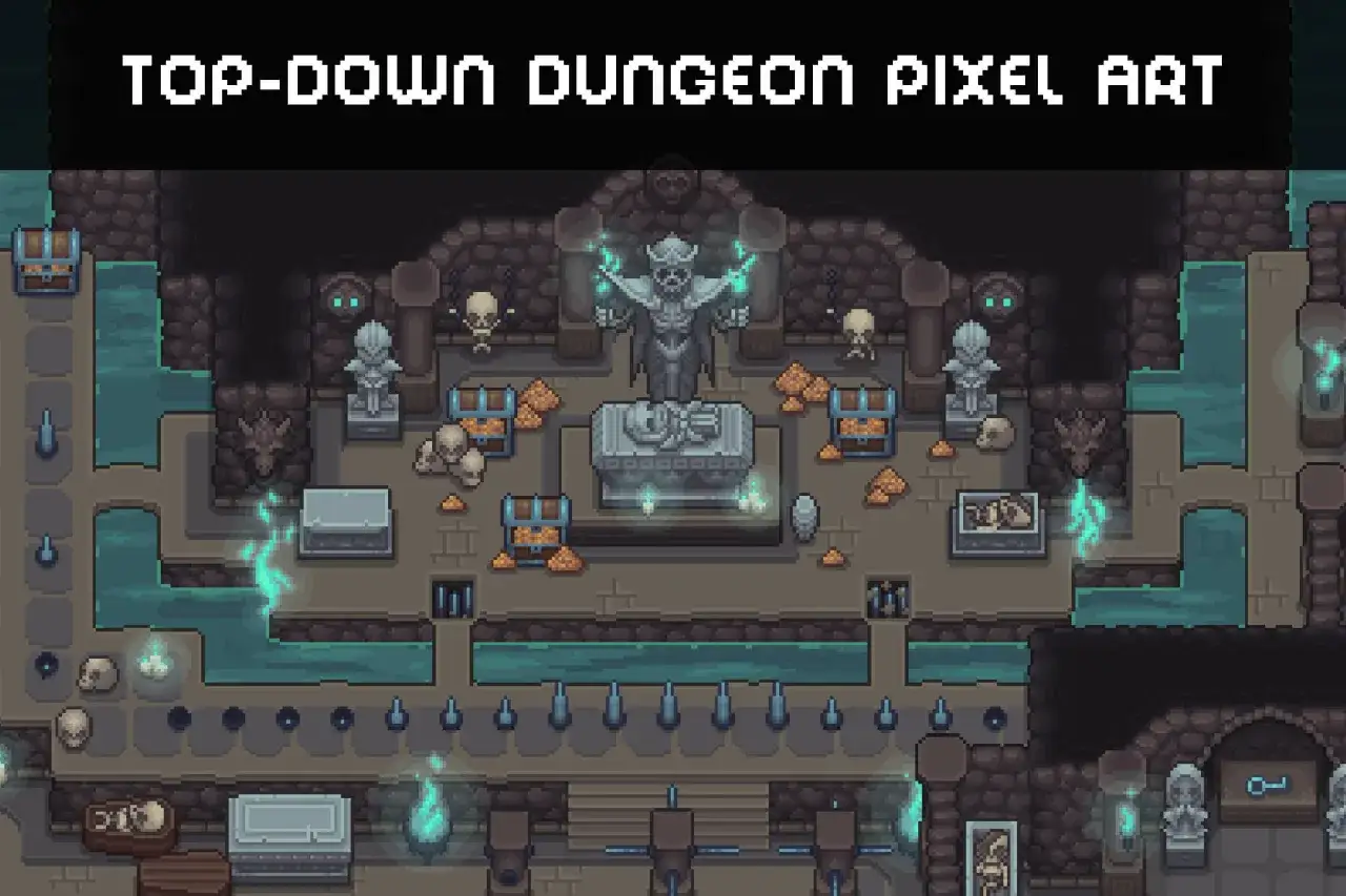 Pixelartowa piwnica z pułapkami, skarbami i szkieletami. Idealna do gry typu roguelike co to jest, gdzie każdy poziom jest inny.