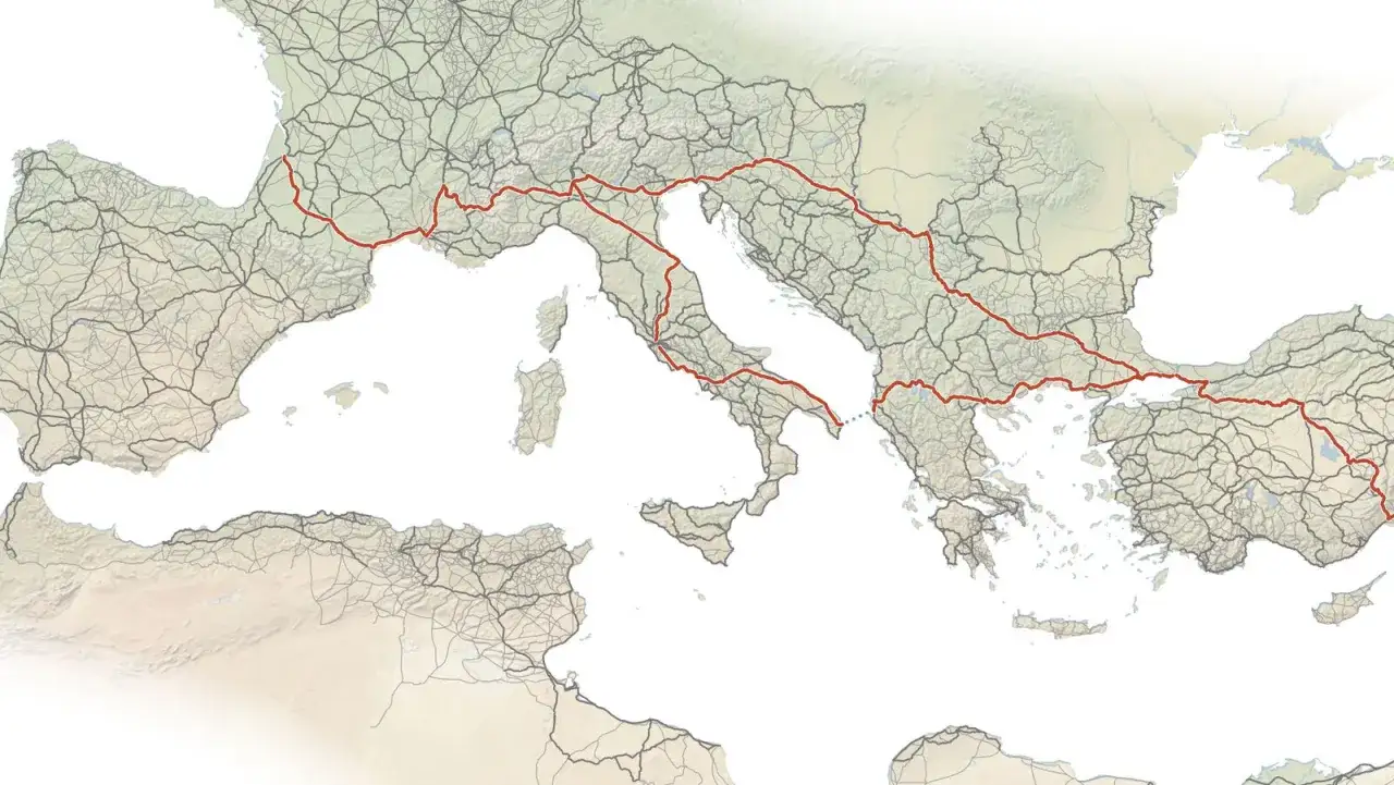 Mapa dróg Imperium Rzymskiego, symbolizująca rozległość i połączenia w epoce Pax Romana.