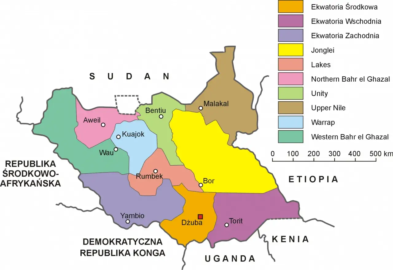 Mapa Sudanu Południowego, najmłodszego kraju na świecie, z zaznaczonymi stanami i miastami.