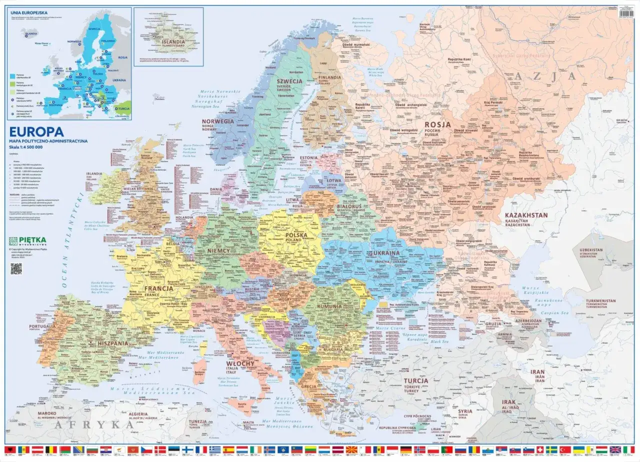 Mapa polityczno-administracyjna Europy, pokazująca kraje i regiony.
