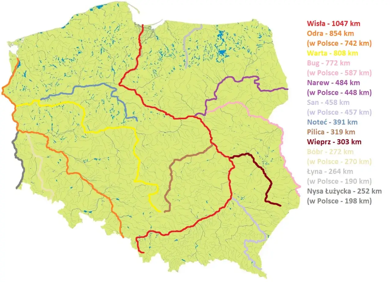 Mapa Polski z zaznaczonymi najdłuższymi rzekami: Wisłą, Odrą, Wartą, Bugiem, Narwią, Sanem, Notecią, Pilicą, Wieprzem, Bobrem, Łyną i Nysą Łużycką.