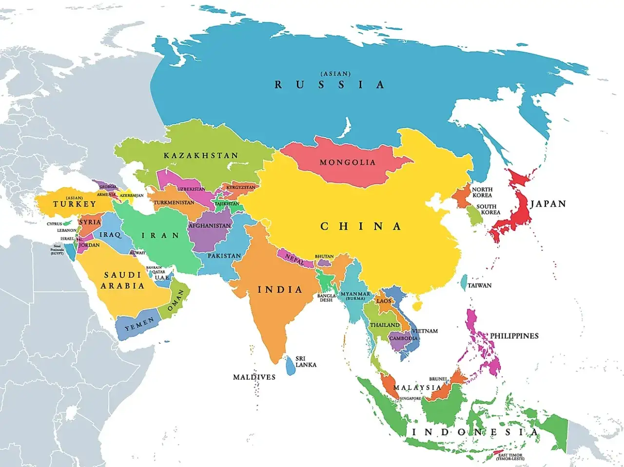 Mapa polityczna Azji z zaznaczonymi państwami. Widoczne m.in. Chiny, Indie, Rosja, Japonia, Arabia Saudyjska i inne państwa w Azji.