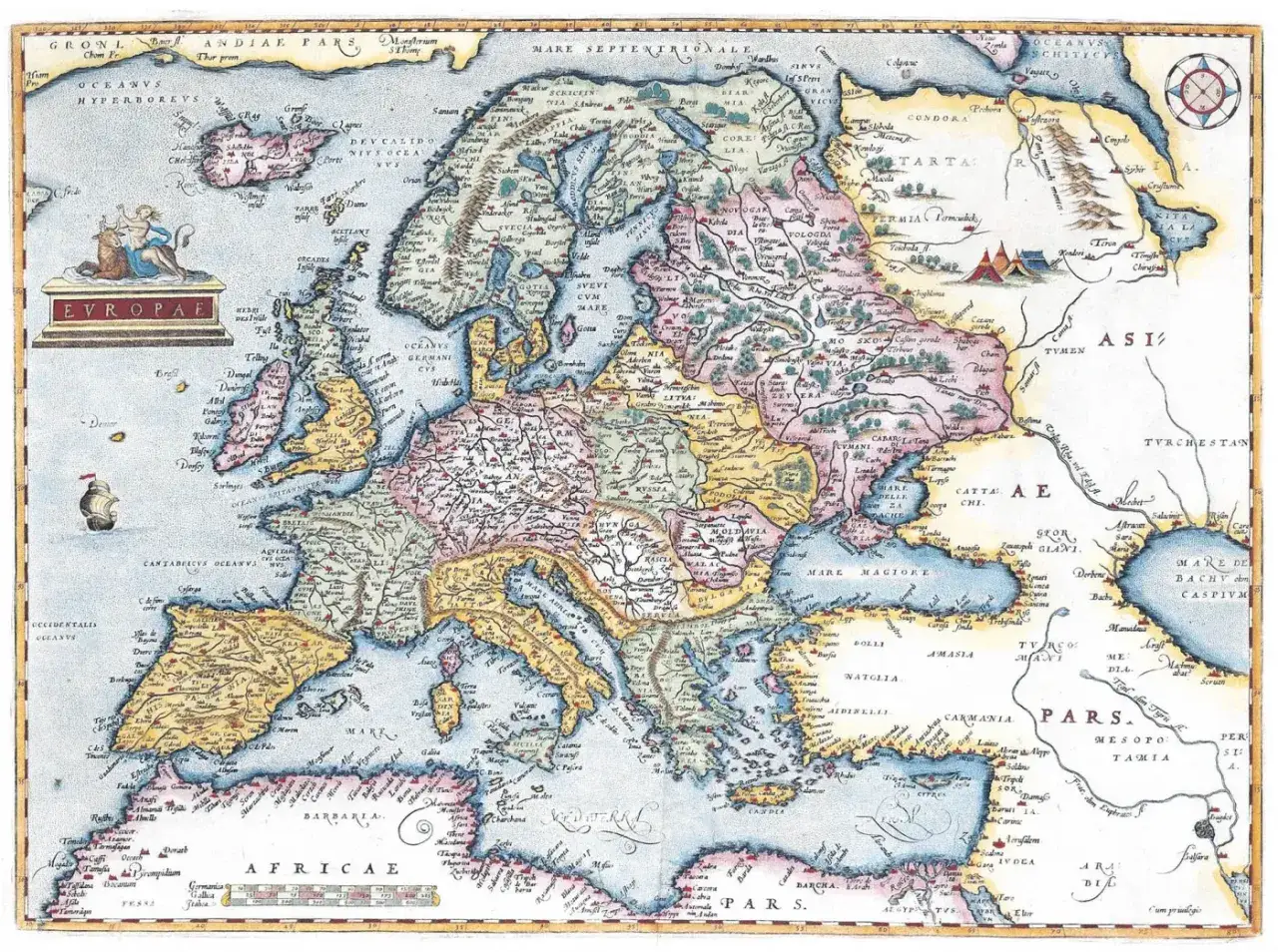 Stara mapa Europy, ukazująca jej kontynentalną enklawę i otaczające morza.