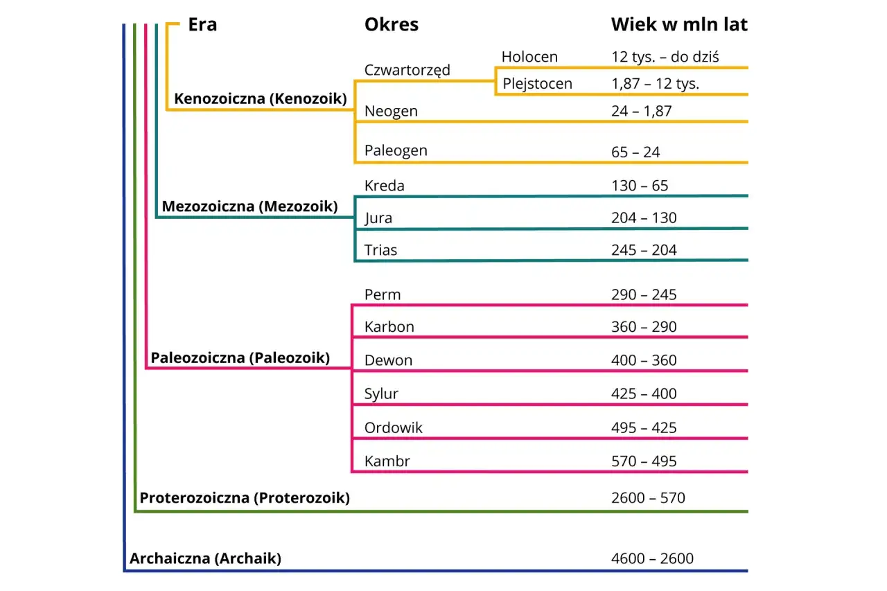 Schemat podziału dziejów Ziemi. Najmłodsza era to kenozoik, obejmująca okresy czwartorzęd i neogen.